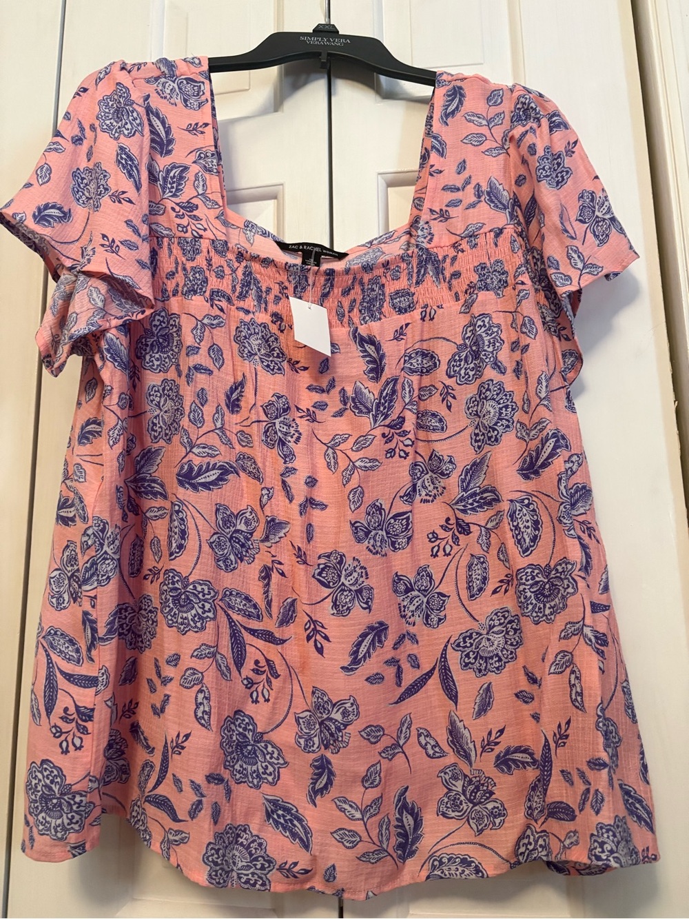 Zac & Rachel Coral Pink Blouse with Blue Floral Print